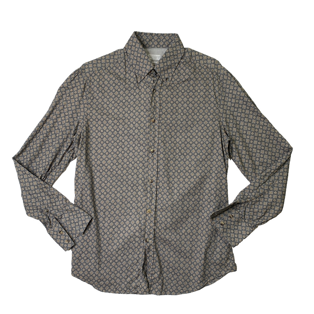 Brunello Cucinelli Shirt Men M Medium Gray Basic Fit Cotton Geometric Made Italy